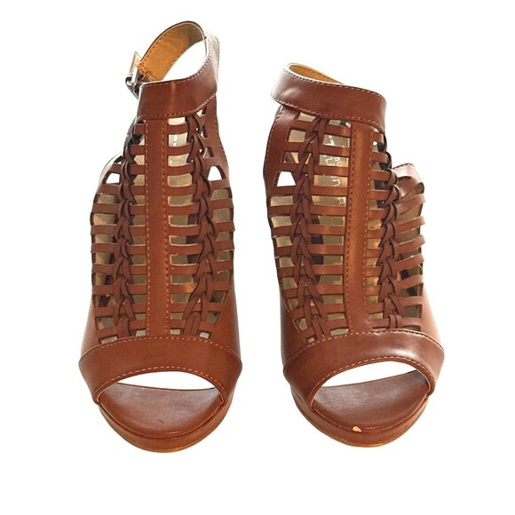 Chinese Laundry Rich Brown Sandal Waves Open Back Ankle Strap Peep Toe Size 7 - Picture 3 of 10